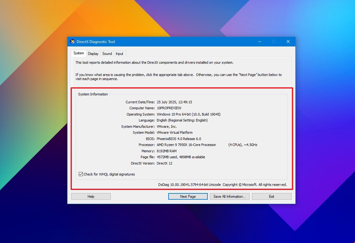 Dxdiag Windows 10 system specs