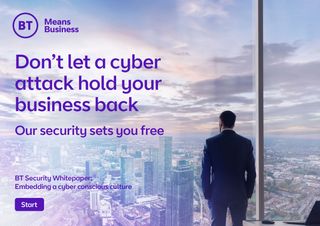 Whitepaper from BT on how to embed a cybersecurity culture, with image of a businessman looking out of an office in a high-rise building