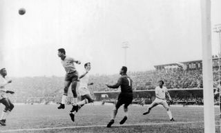 Goalmouth action in Brazil's 3-1 win over England at the 1962 World Cup in Chile.