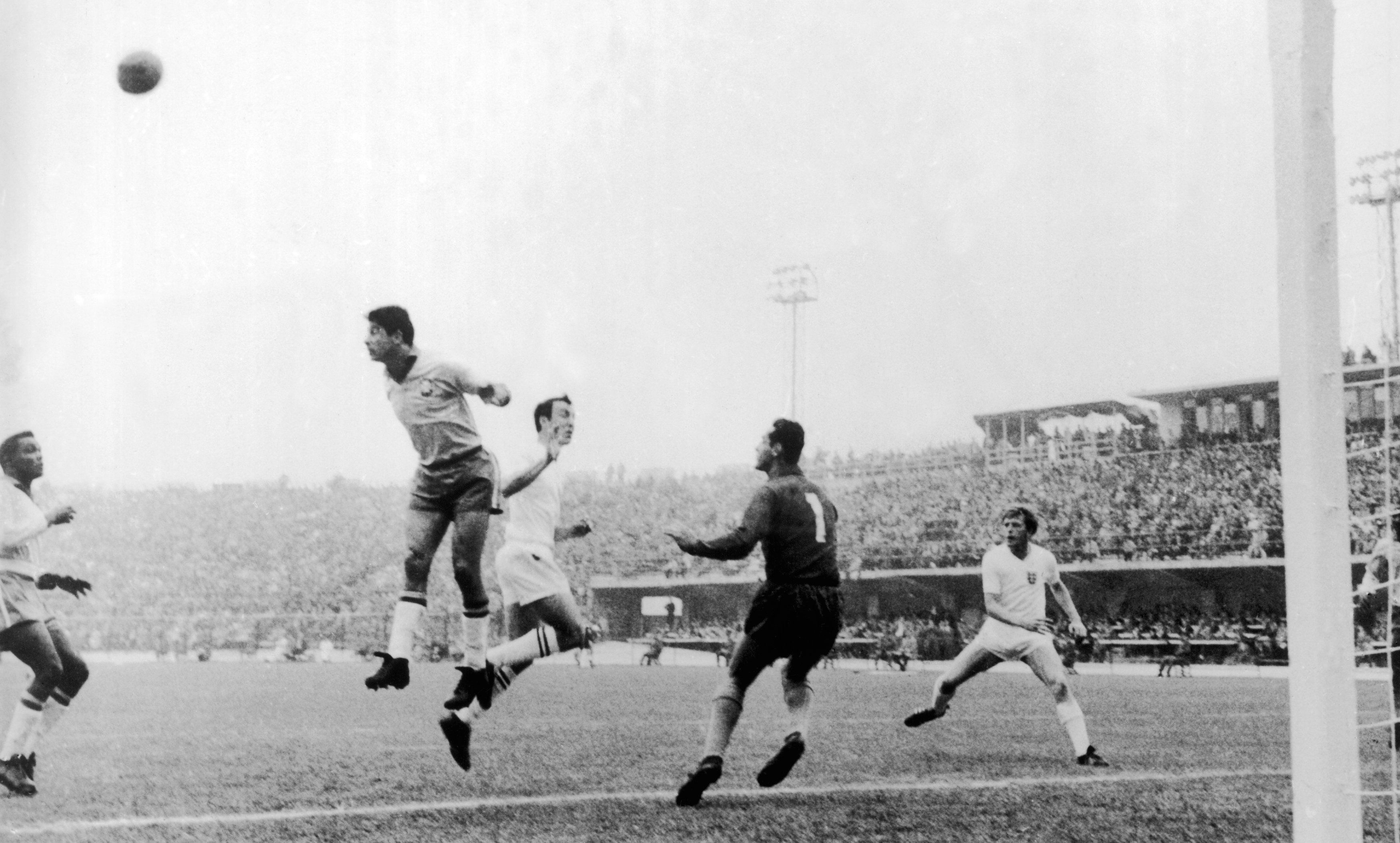 Goalmouth action in Brazil's 3-1 win over England at the 1962 World Cup in Chile.