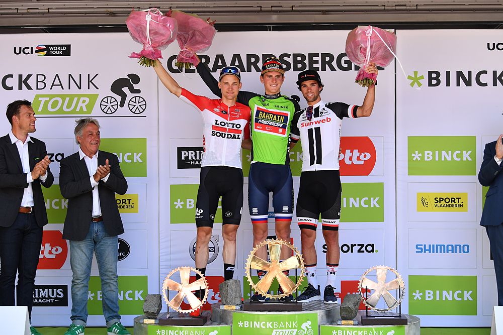 2018 BinckBank Tour final overall podium: 1st Matej Mohoric (Bahrain-Merida), 2nd Michael Matthews (Sunweb), 3rd Tim Wellens (Lotto Soudal