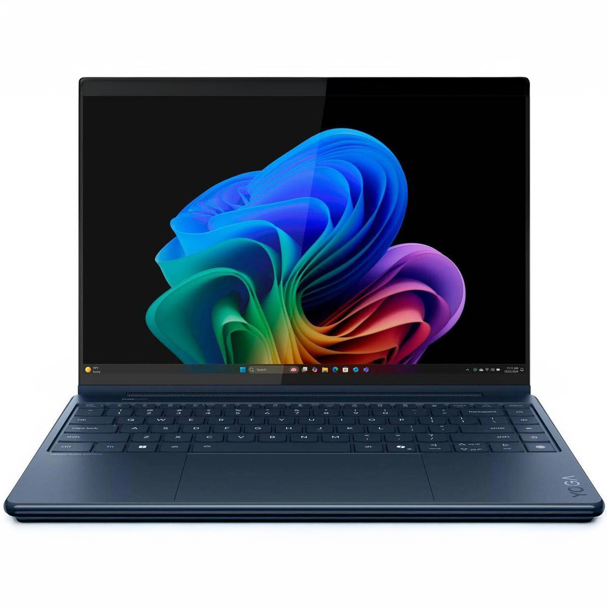 An open and powered on laptop against a white background