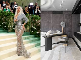 kim kardashian and a grey room with silver accents
