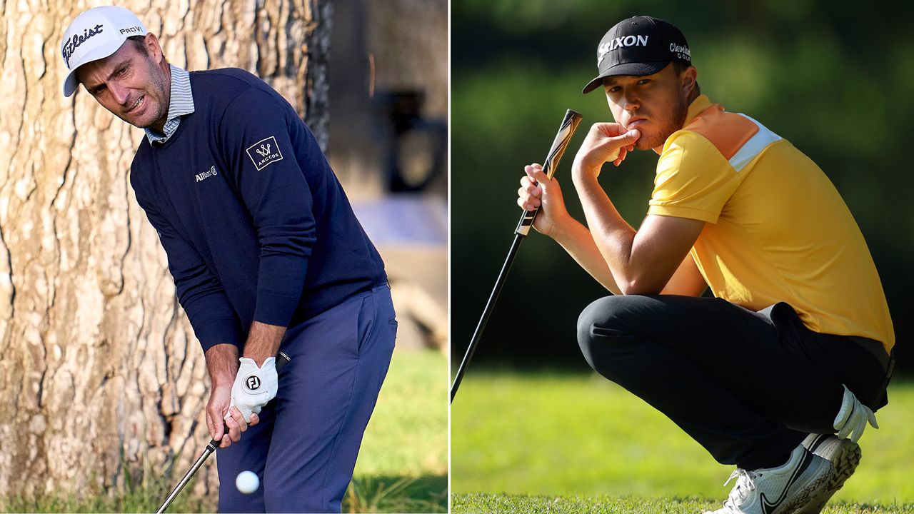 A golfer hits a chip, another golfer lines up a putt