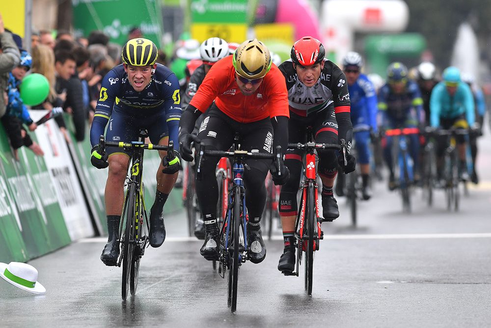 Sonny Colbrelli (Bahrain-Merida) wins the bunch sprint for third during stage 2 at the tour de Romandie