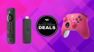 An Amazon Fire TV Stick 4K and Deep Pink Xbox Series X|S controller on a pink and purple checkered background. A black circle reading "Windows Central Black Friday Deals" in white text is in the center.