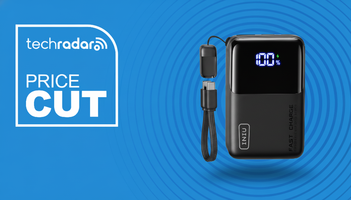 INIU Mini Portable Charger, Small 45W PD Power Bank, 10000mA on a blue background with radar motif, next to text reading &#039;TechRadar Price Cut&#039;
