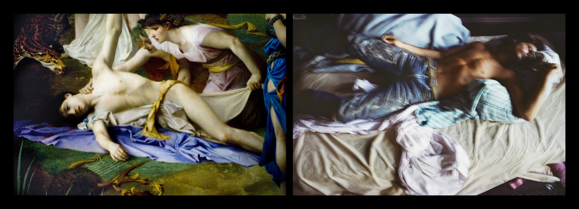 Diptych showing a classical painting of Orpheus's death alongside a contemporary photograph of draped figures on a bed with similar composition.