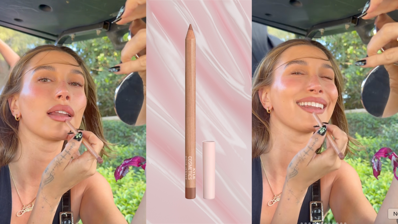 a white woman applying pink lip liner next to a pink texture and a pink lip liner pencil