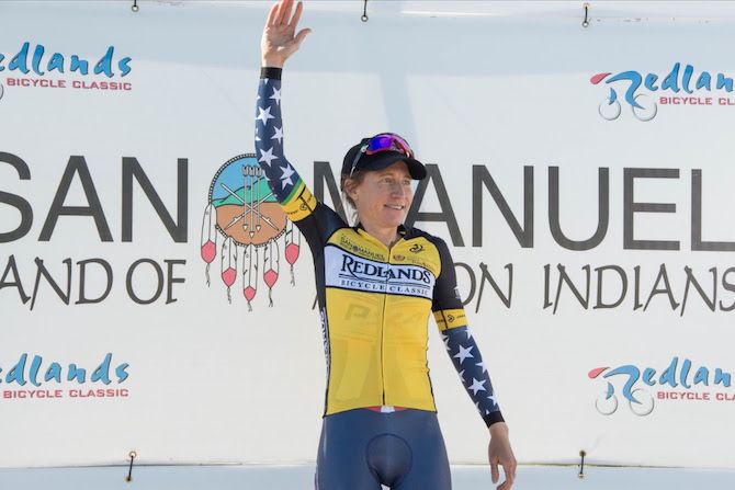 Amber Neben (Trek Red Truck Racing) in the leader's jersey after winning the stage 1 time trial at the 2019 Redlands Bicycle Classic