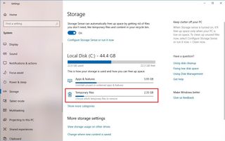 Windows 10 Storage settings, Temporary files option