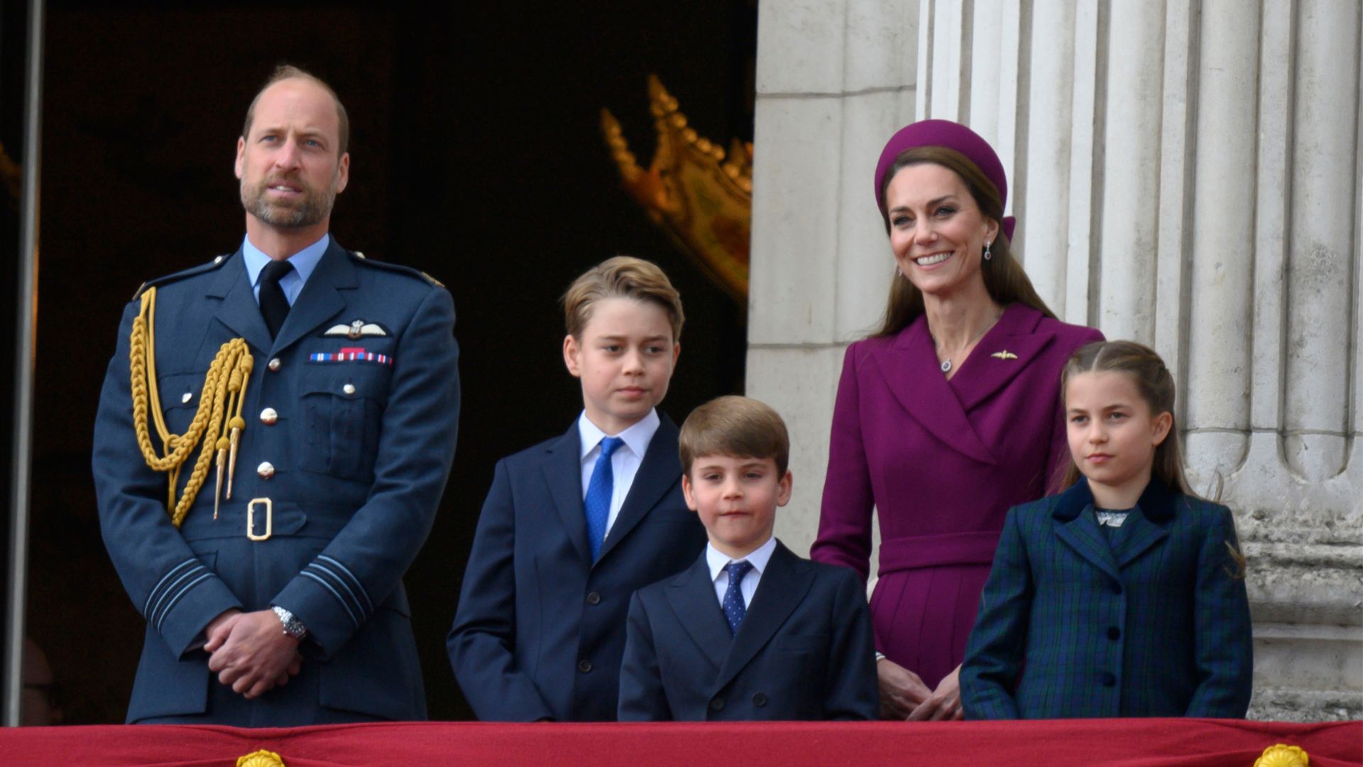 Prince William, Kate Middleton, Prince George, Princess Charlotte and Prince Louis on the balcony of Buckingham Palace for VE Day 2025