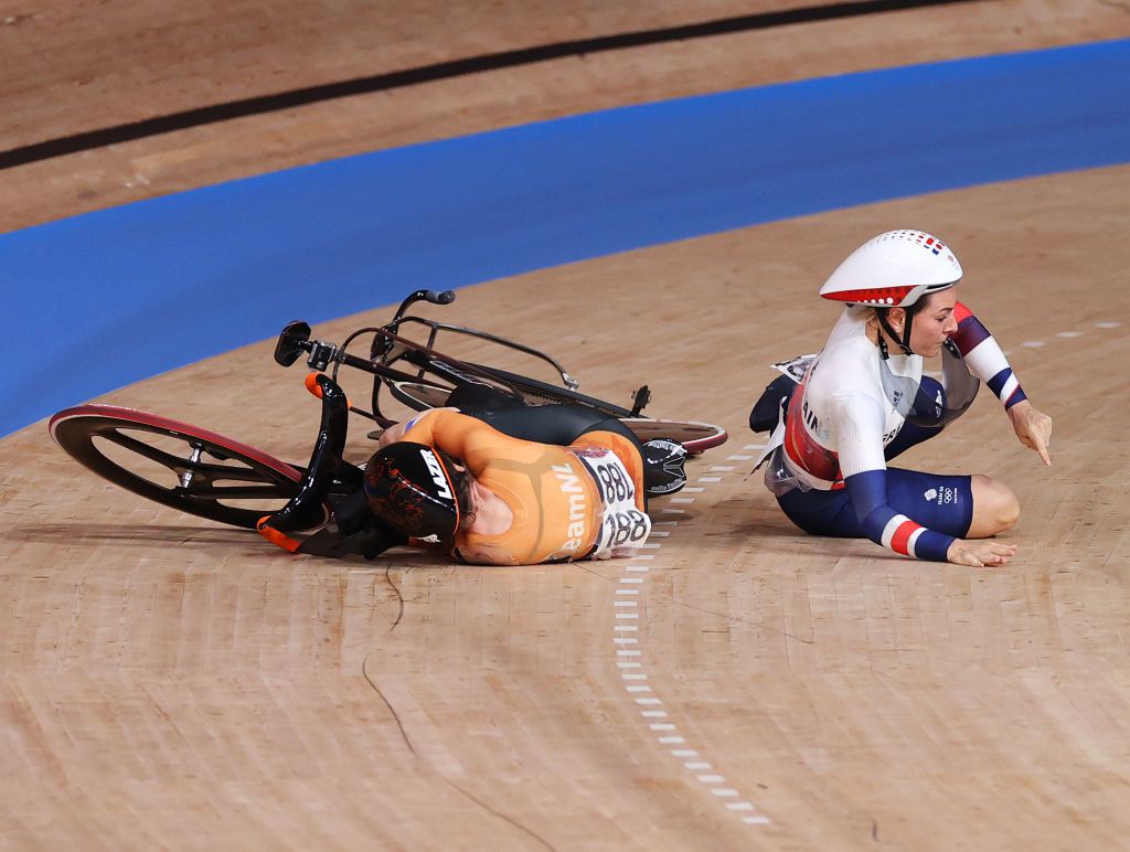 IZU JAPAN AUGUST 05 LR Laurine van Riessen of Team Netherlands and Katy Marchant of Team Great Britain fall during the Womens Keirin quarterfinals heat 1 of the track cycling on day thirteen of the Tokyo 2020 Olympic Games at Izu Velodrome on August 05 2021 in Izu Japan Photo by Justin SetterfieldGetty Images