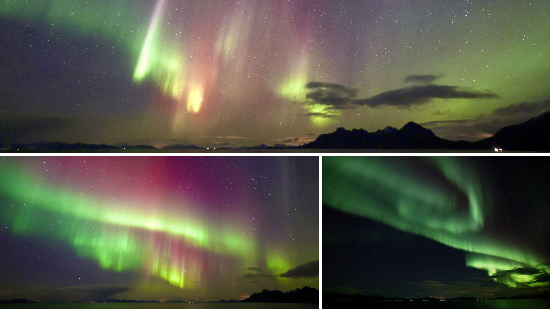 3 panel image showing colorful auroras sweeping across the sky. 
