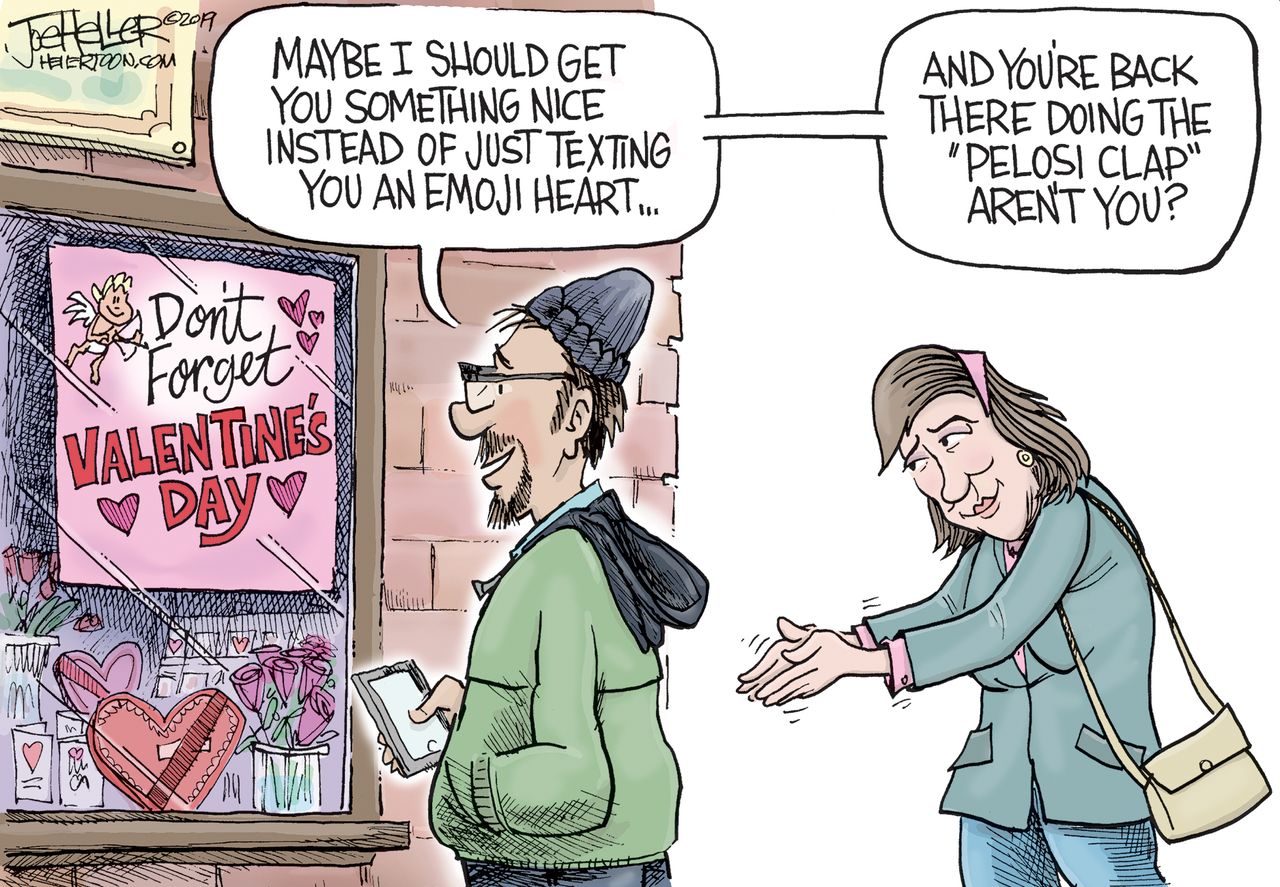 Editorial Cartoon U.S. Valentines Day Emoji heart Pelosi clap