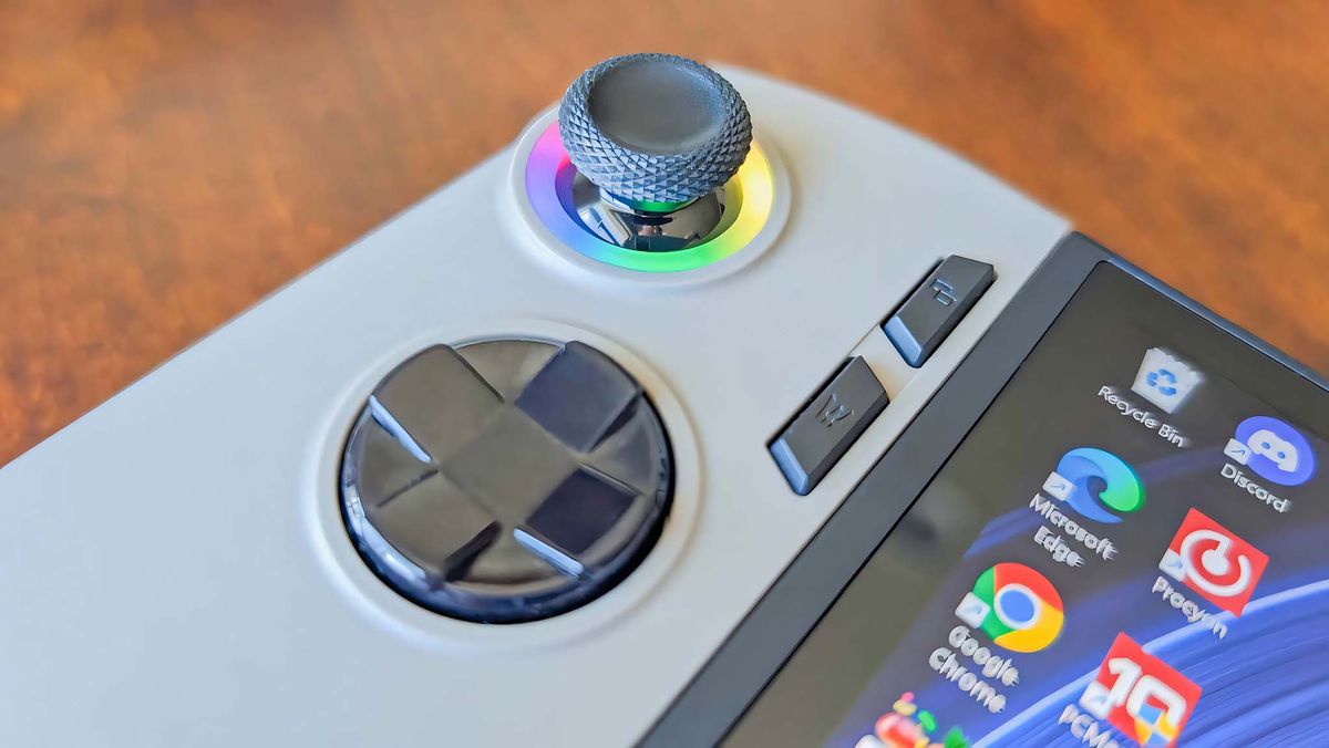 Closeup of the MSI Claw 8 AI+'s left joystick and D-Pad.