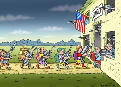 Political cartoon U.S. arming teachers school shootings