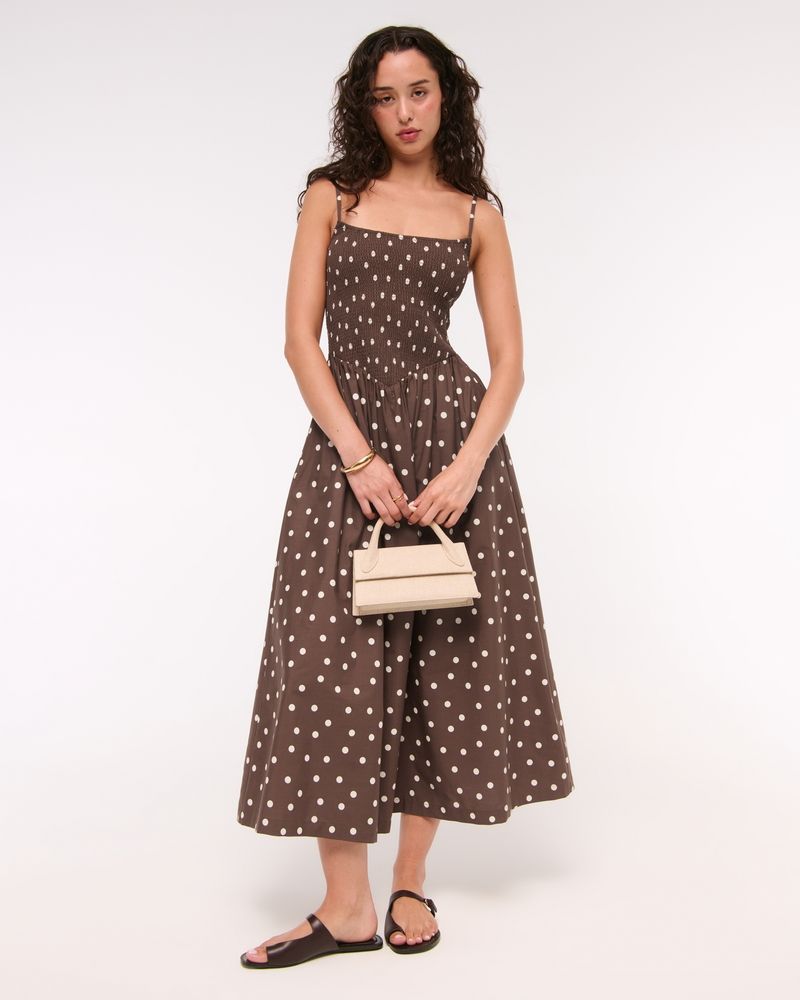 Dipped-Waist Smocked Midi Dress