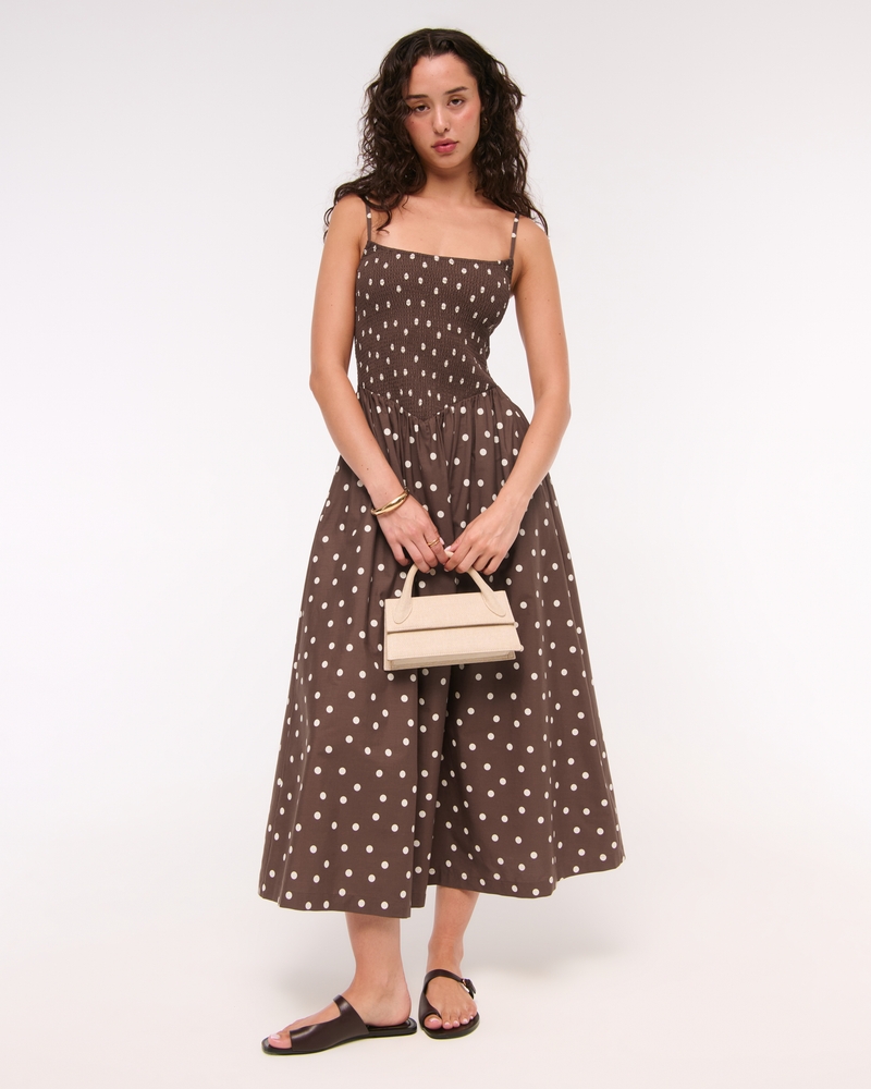 Dipped-Waist Smocked Midi Dress
