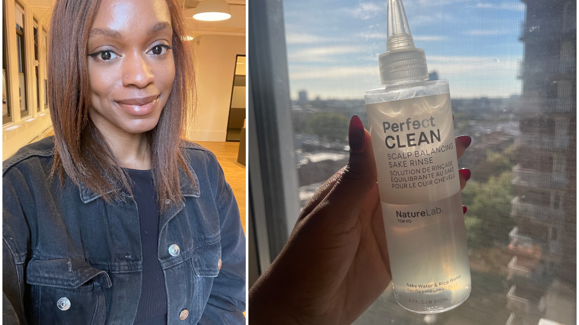 a side by side image of a selfie and a hand holding a haircare bottle in front of a window