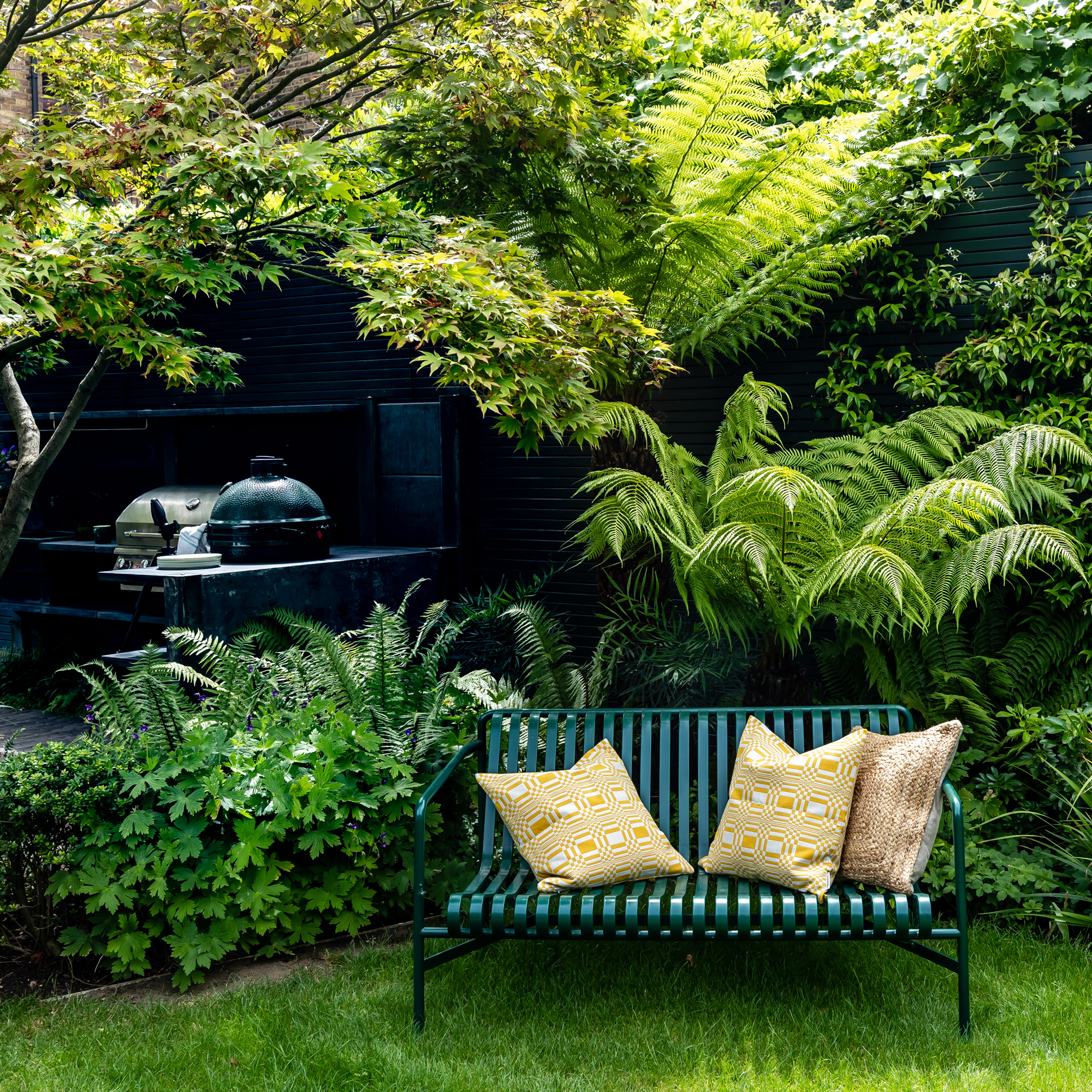 garden makeover with green bench, berbecues and tre ferns