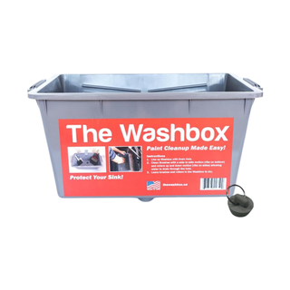 A plastic wash box for paint rollers and brushes