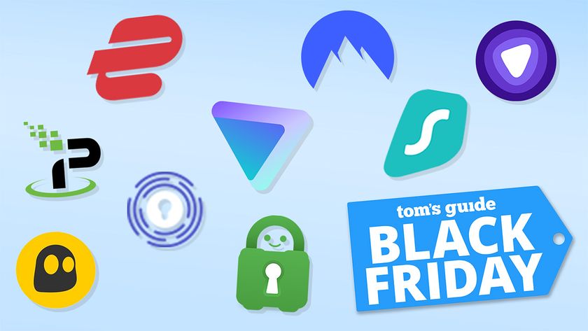 VPN logos on a blue background, with a price tag that says &quot;Black Friday&quot;