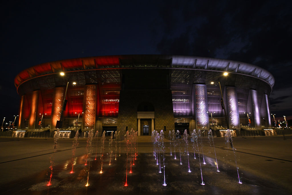 Exterior view of the Puskas Arena at night