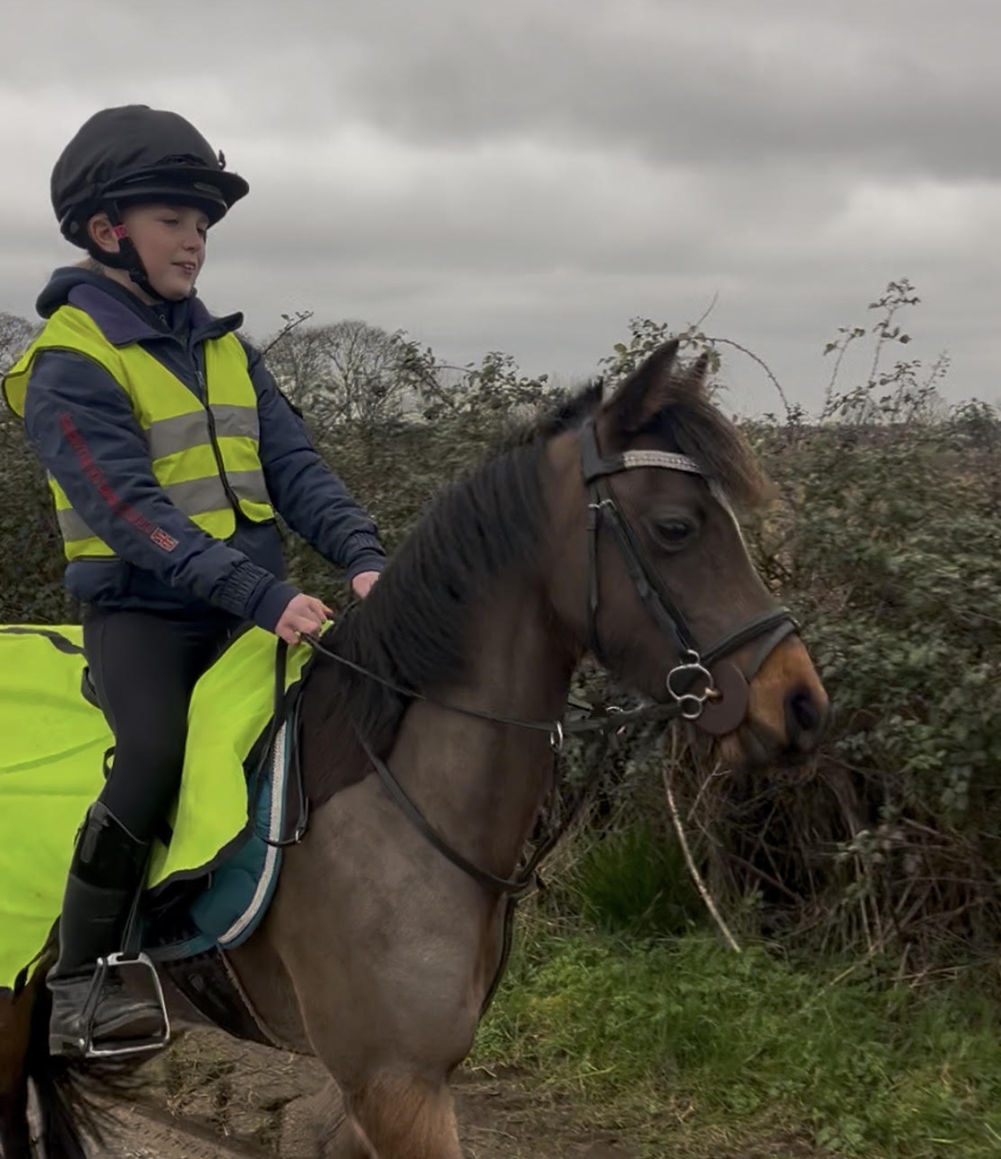 A young rider in high-vis on the road with a bay pony