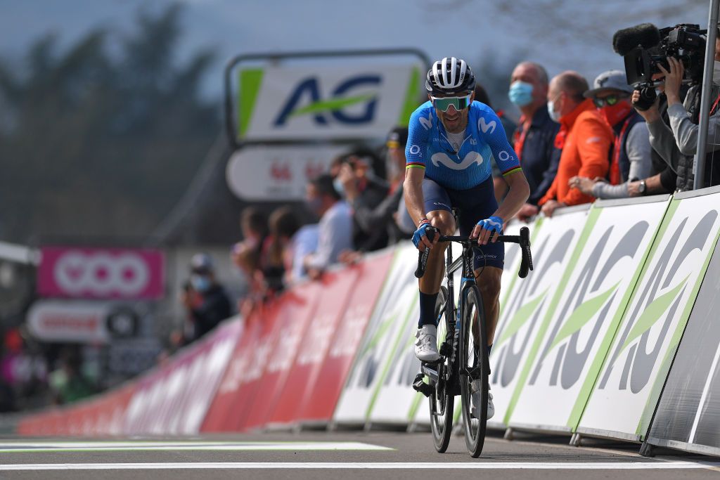 MUR DE HUY BELGIUM APRIL 21 Alejandro Valverde Belmonte of Spain and Movistar Team on arrival during the 85th La Fleche Wallonne 2021 Men Elite a 1936km race from Charleroi to Mur de Huy 204m FlecheWallonne on April 21 2021 in Mur de Huy Belgium Photo by Luc ClaessenGetty Images