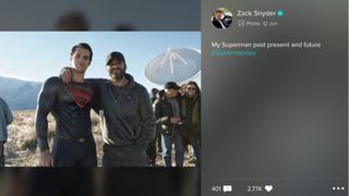 Henry Cavill and Zack Snyder behind the scenes of Man of Steel