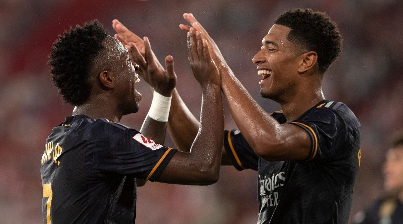 Vinicius Junior and Jude Bellingham celebrate a goal in Real Madrid&#039;s win over Almeria in August 2023.