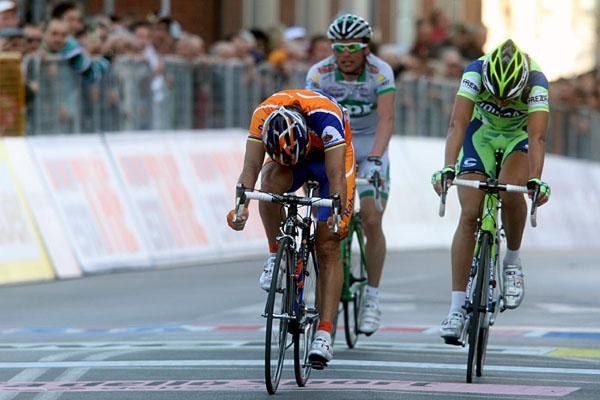 The 4-kilometre climb took it out of the riders, as sprinters rarely cross the line in a tired pose like this.