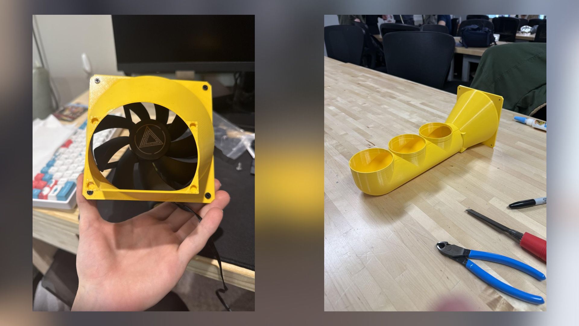 a 3d printed yellow air duct for a gaming pc, from Reddit user 'Esra-Zander'