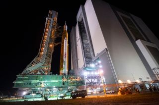 NASA's Artemis I Space Launch System rocket and Orion spacecraft is seen atop a mobile launcher as it rolls out of the Vehicle Assembly Building to Launchpad 39B, Tuesday, Aug. 16, 2022, at NASA's Kennedy Space Center in Florida.