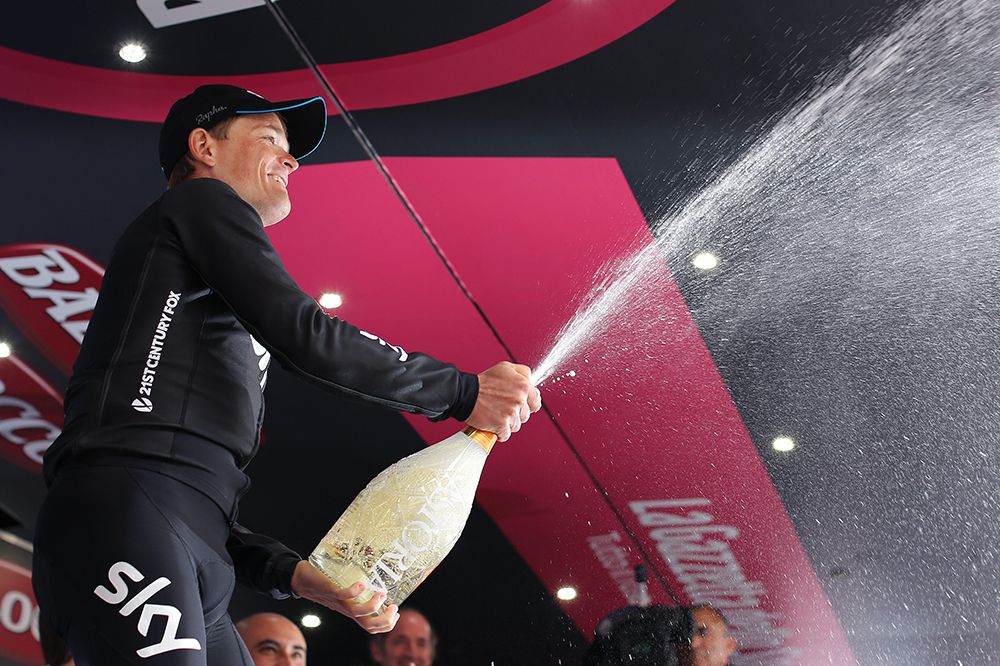 Vasil Kiryienka (Team Sky) enjoys spraying the prosecco