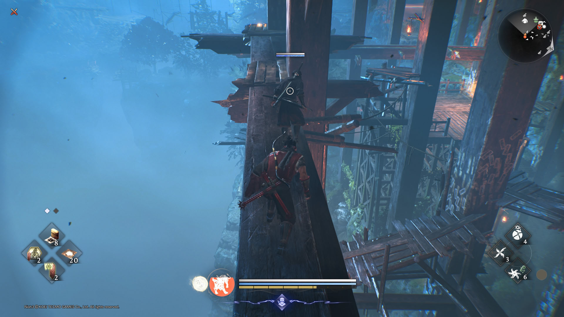 The players sneaks towards an enemy at night on a wooden scaffold in Nioh 3, amid foggy surroundings