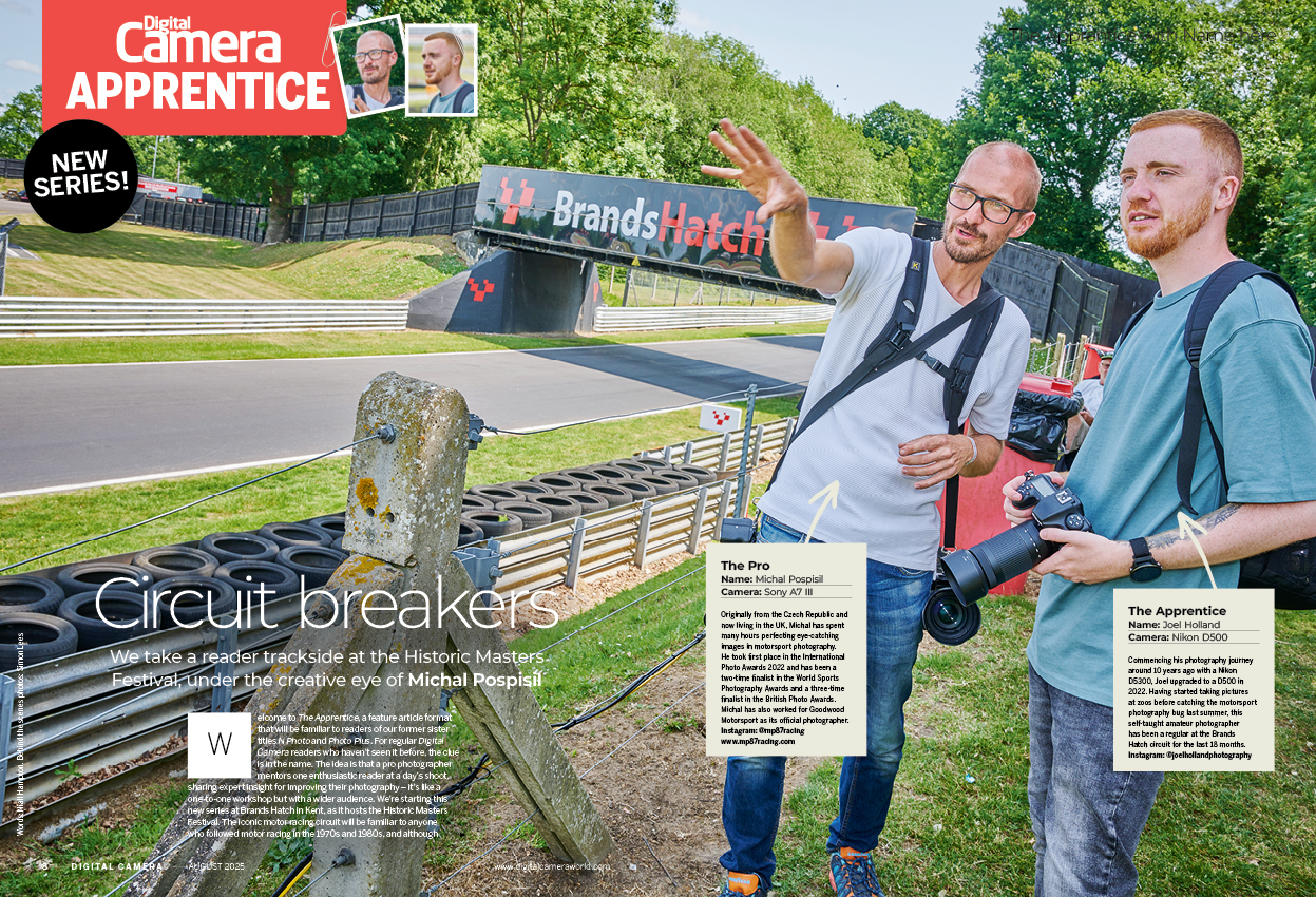 Image showing the first two pages of the Apprentice article in issue 297 (August 2025) of Digital Camera magazine, a motorsports photography masterclass at the Historic Masters Festival at Brands Hatch motor racing circuit