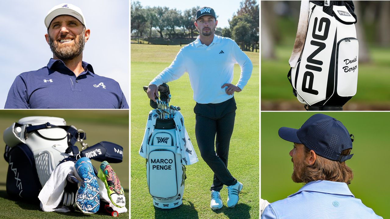 Marco Penge stands next to a PXG bag, Dustin Johnson poses in Under Armour clothing, two pictures of Daniel Berger and Ben Griffin's bag and the back of Tommy Fleetwood's head