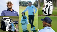 Marco Penge stands next to a PXG bag, Dustin Johnson poses in Under Armour clothing, two pictures of Daniel Berger and Ben Griffin's bag and the back of Tommy Fleetwood's head
