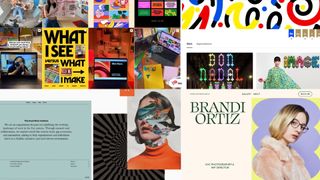 A multi-window collage image composed of four distinct screenshot panels showcasing various creative portfolios, including an Instagram design grid, a colorful Behance artist profile, a minimal studio website design layout featuring a surreal collage portrait, and a Squarespace photography portfolio