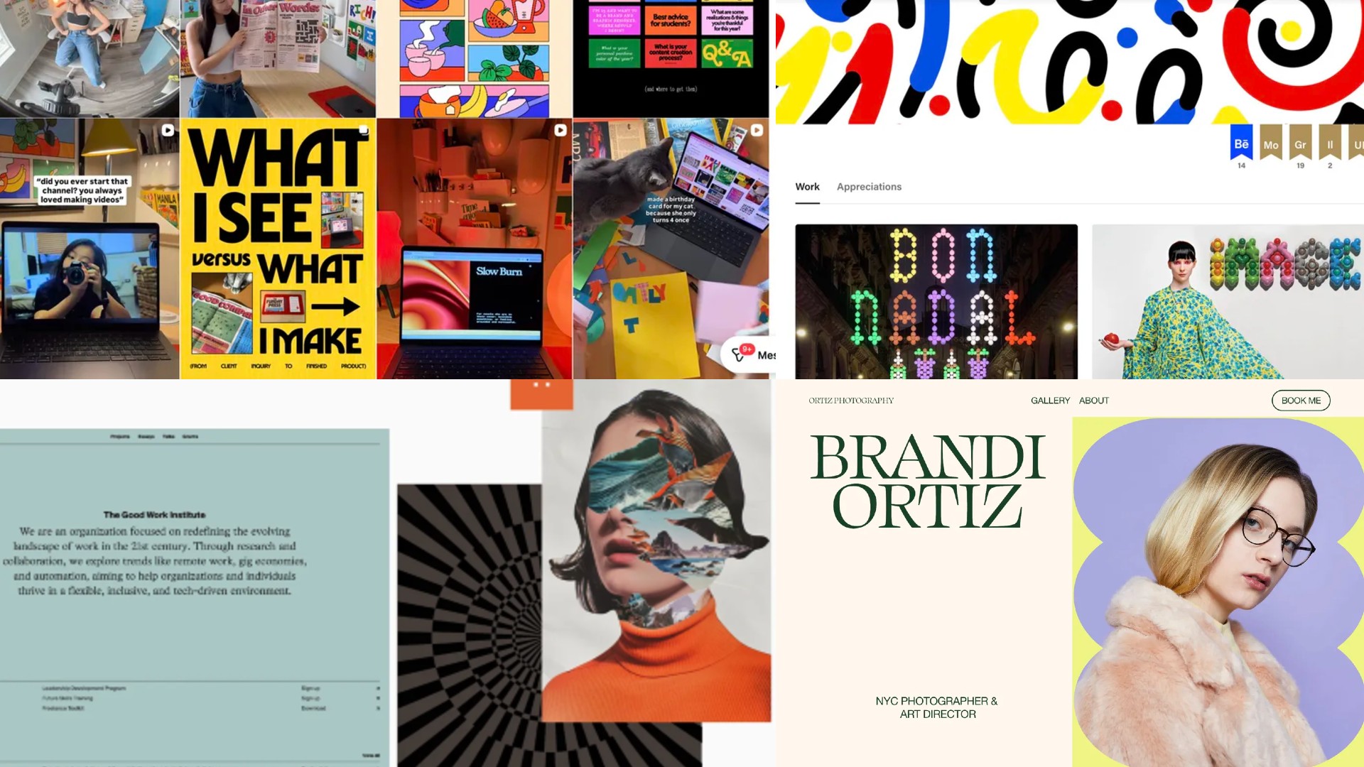 A multi-window collage image composed of four distinct screenshot panels showcasing various creative portfolios, including an Instagram design grid, a colorful Behance artist profile, a minimal studio website design layout featuring a surreal collage portrait, and a Squarespace photography portfolio