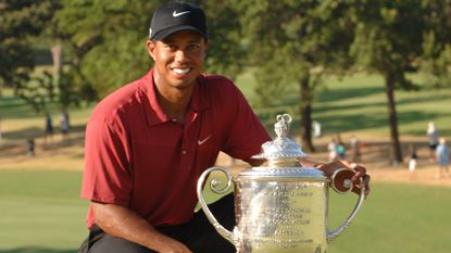 Tiger Woods poses with the Wanamaker Trophy after his 2007 PGA Championship victory