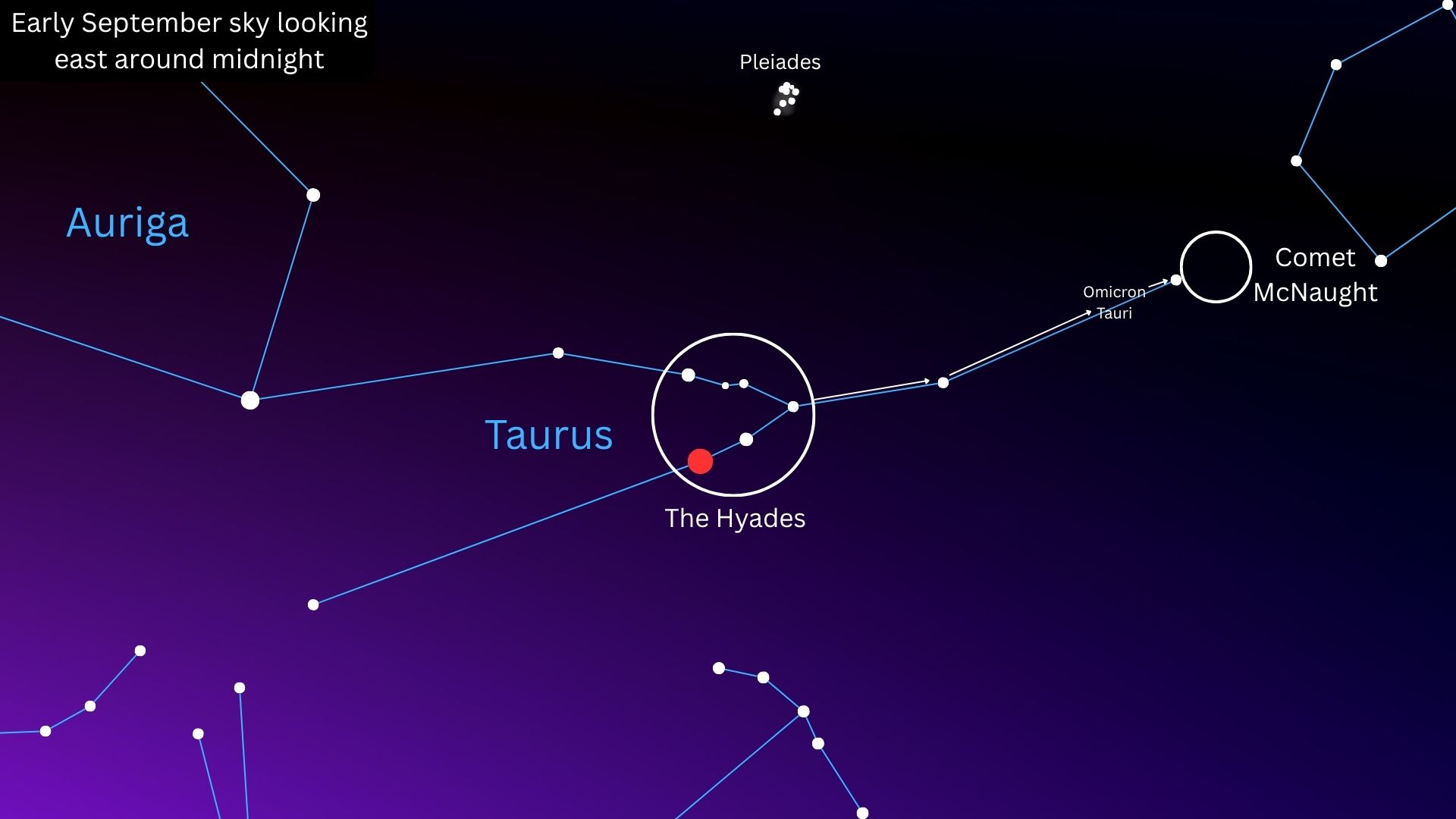 A starchart showing the location of Comet McNaught in the context of the stars of the constellation Taurus.