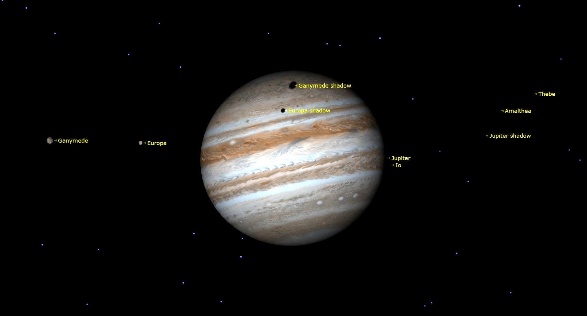 From time to time, the small round black shadows cast by Jupiter's four Galilean moons become visible in amateur telescopes as they cross (or transit) the planet's disk. On Monday, March 25, observers in North America can see two of those shadows on Jupiter at the same time. At 4:06 a.m. EDT, Europa's shadow will join Ganymede's shadow already in transit. The duo will cross Jupiter together for almost two hours until Ganymede's shadow moves off the planet at 6:07 a.m. EDT. Europa's shadow will continue to transit for another 30 minutes.