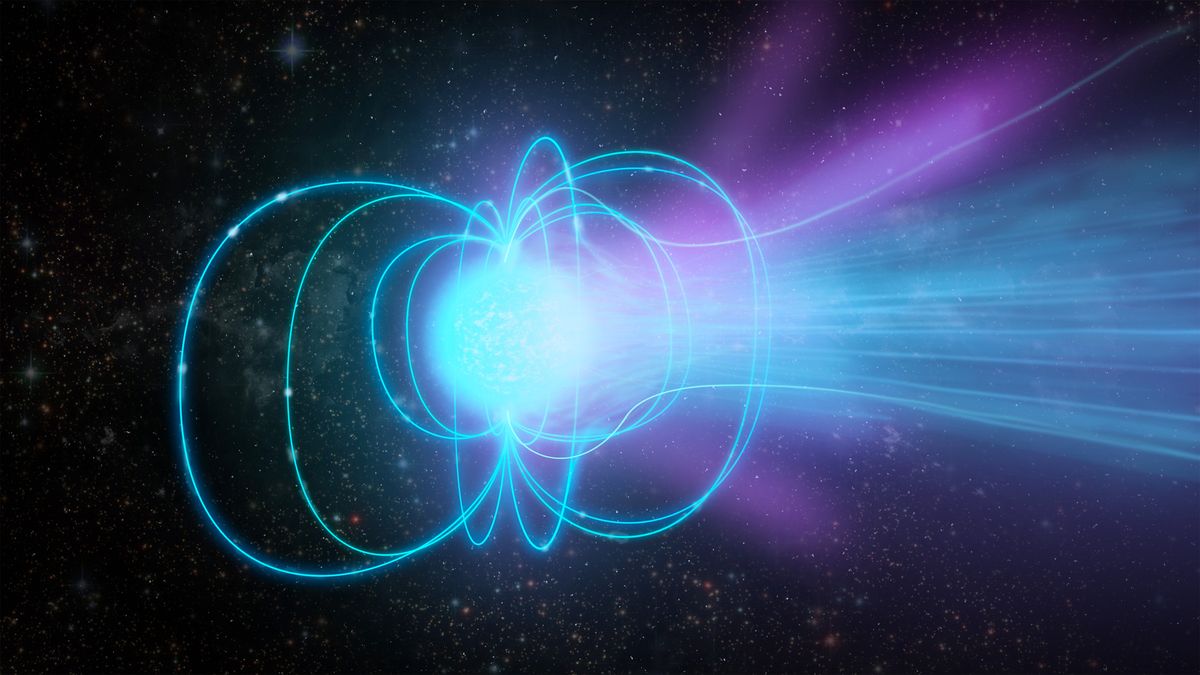 A magnetar is a superdense neutron star with an extremely strong magnetic field. In this illustration, the magnetar is emitting a burst of radiation.