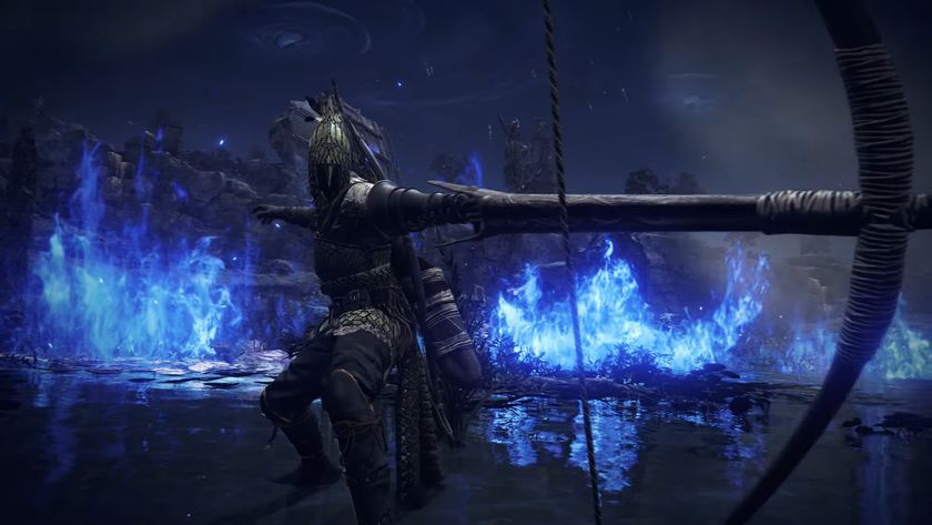 Elden Ring Nightreign screenshot of IronEye wielding a great bow with blue flames in the background