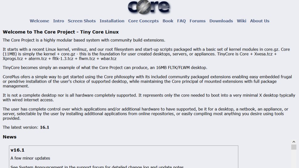 Tiny Core Linux website screenshot (September 2025).