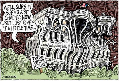 Political cartoon U.S. Trump White House chaos