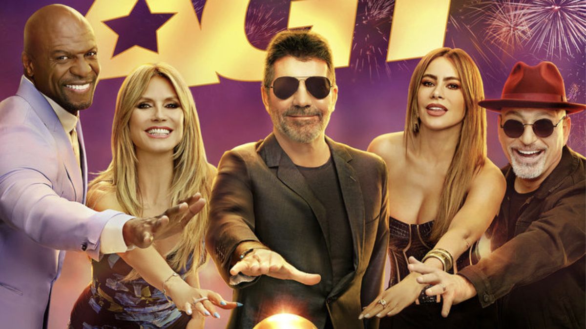 Terry Crews, Heidi Klum, Simon Cowell, Sofia Vergara and Howie Mandel all reaching to hit the golden buzzer in key art for America&#039;s Got Talent